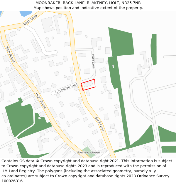 MOONRAKER, BACK LANE, BLAKENEY, HOLT, NR25 7NR: Location map and indicative extent of plot