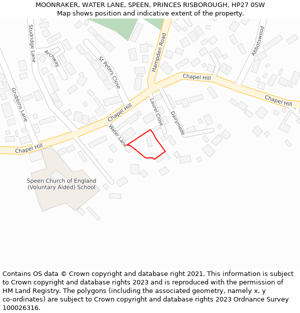 MOONRAKER, WATER LANE, SPEEN, PRINCES RISBOROUGH, HP27 0SW: Location map and indicative extent of plot