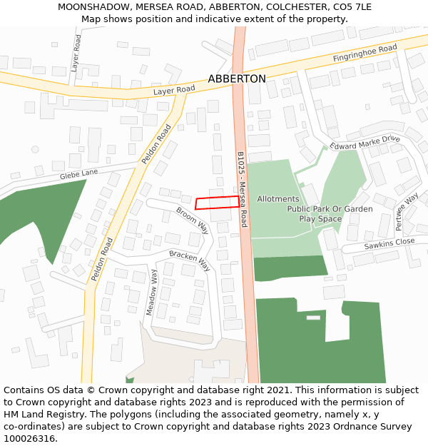 MOONSHADOW, MERSEA ROAD, ABBERTON, COLCHESTER, CO5 7LE: Location map and indicative extent of plot