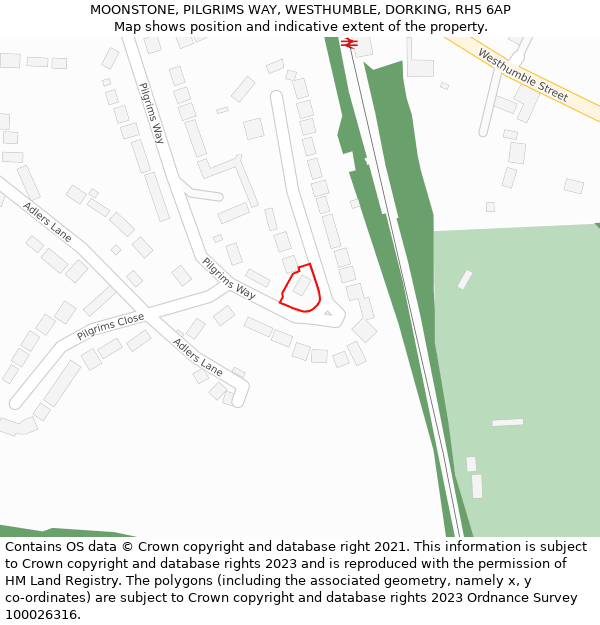 MOONSTONE, PILGRIMS WAY, WESTHUMBLE, DORKING, RH5 6AP: Location map and indicative extent of plot