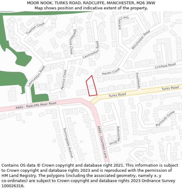 MOOR NOOK, TURKS ROAD, RADCLIFFE, MANCHESTER, M26 3NW: Location map and indicative extent of plot