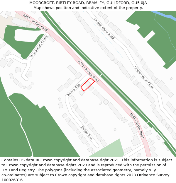 MOORCROFT, BIRTLEY ROAD, BRAMLEY, GUILDFORD, GU5 0JA: Location map and indicative extent of plot