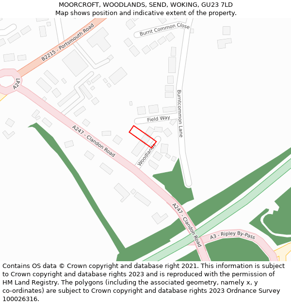 MOORCROFT, WOODLANDS, SEND, WOKING, GU23 7LD: Location map and indicative extent of plot