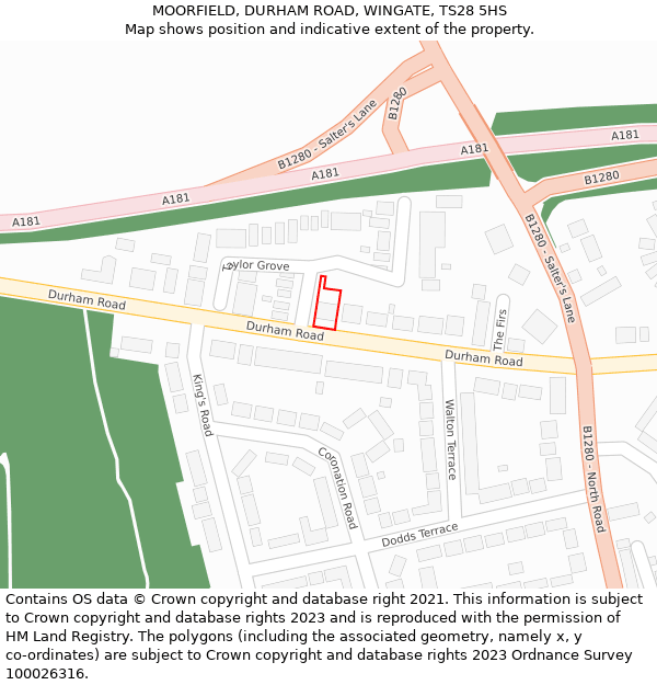 MOORFIELD, DURHAM ROAD, WINGATE, TS28 5HS: Location map and indicative extent of plot