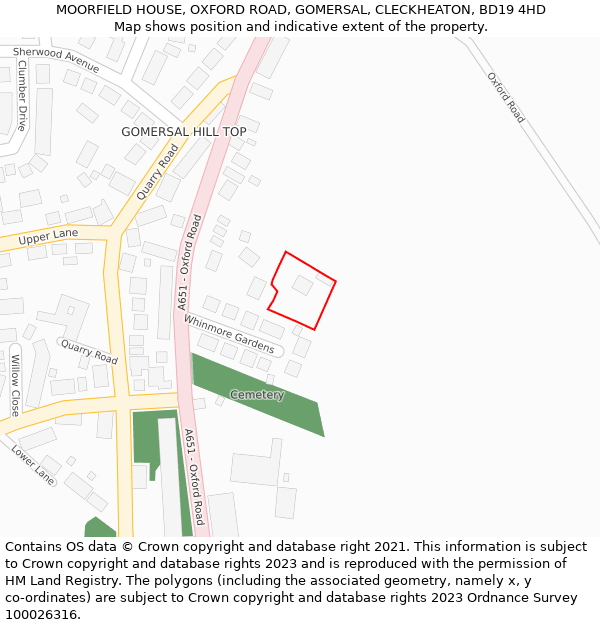 MOORFIELD HOUSE, OXFORD ROAD, GOMERSAL, CLECKHEATON, BD19 4HD: Location map and indicative extent of plot