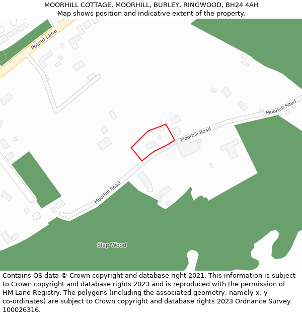 MOORHILL COTTAGE, MOORHILL, BURLEY, RINGWOOD, BH24 4AH: Location map and indicative extent of plot