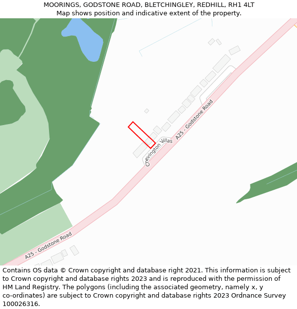 MOORINGS, GODSTONE ROAD, BLETCHINGLEY, REDHILL, RH1 4LT: Location map and indicative extent of plot