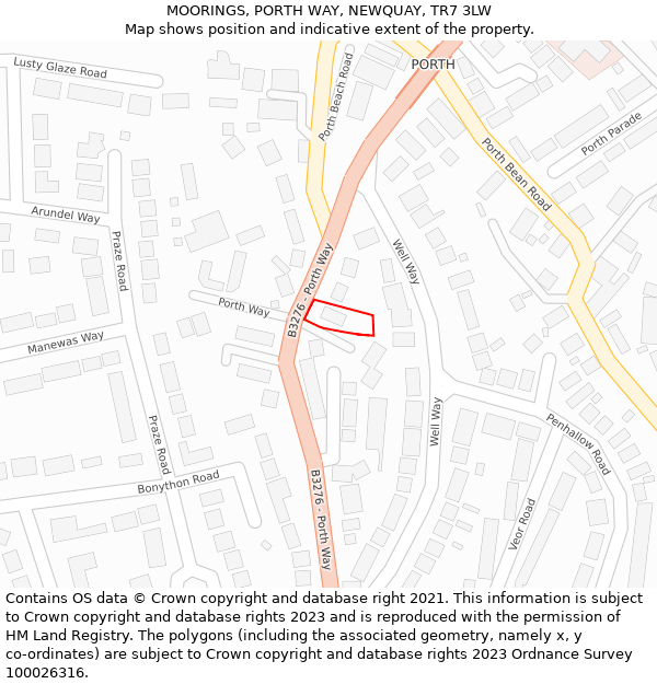 MOORINGS, PORTH WAY, NEWQUAY, TR7 3LW: Location map and indicative extent of plot