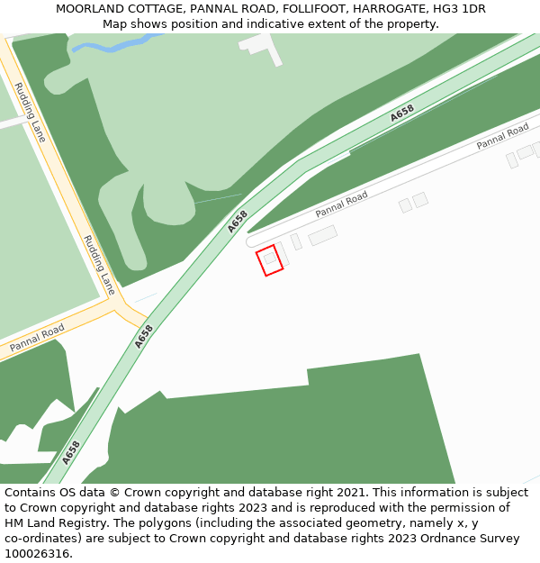 MOORLAND COTTAGE, PANNAL ROAD, FOLLIFOOT, HARROGATE, HG3 1DR: Location map and indicative extent of plot