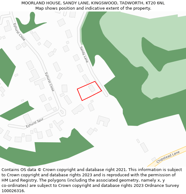 MOORLAND HOUSE, SANDY LANE, KINGSWOOD, TADWORTH, KT20 6NL: Location map and indicative extent of plot