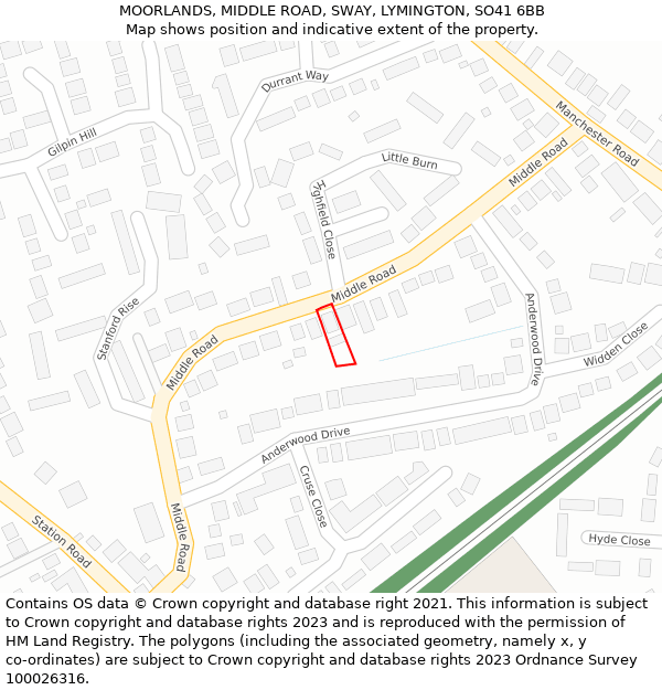 MOORLANDS, MIDDLE ROAD, SWAY, LYMINGTON, SO41 6BB: Location map and indicative extent of plot