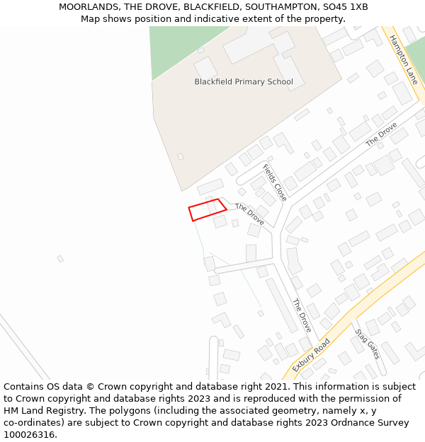 MOORLANDS, THE DROVE, BLACKFIELD, SOUTHAMPTON, SO45 1XB: Location map and indicative extent of plot