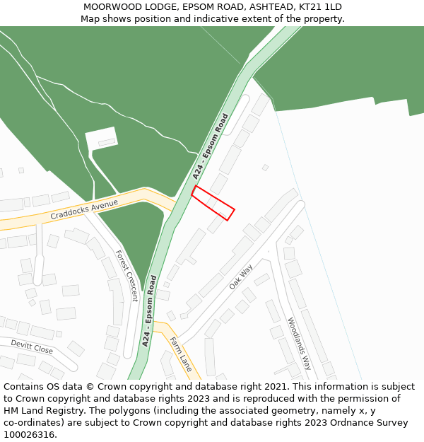 MOORWOOD LODGE, EPSOM ROAD, ASHTEAD, KT21 1LD: Location map and indicative extent of plot
