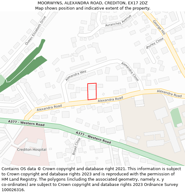 MOORWYNS, ALEXANDRA ROAD, CREDITON, EX17 2DZ: Location map and indicative extent of plot