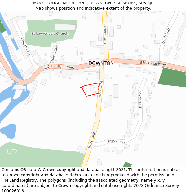 MOOT LODGE, MOOT LANE, DOWNTON, SALISBURY, SP5 3JP: Location map and indicative extent of plot