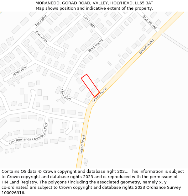 MORANEDD, GORAD ROAD, VALLEY, HOLYHEAD, LL65 3AT: Location map and indicative extent of plot