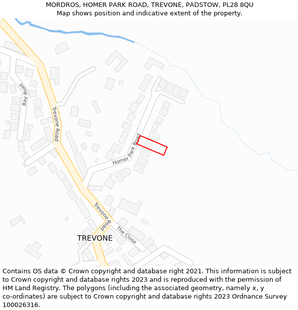 MORDROS, HOMER PARK ROAD, TREVONE, PADSTOW, PL28 8QU: Location map and indicative extent of plot