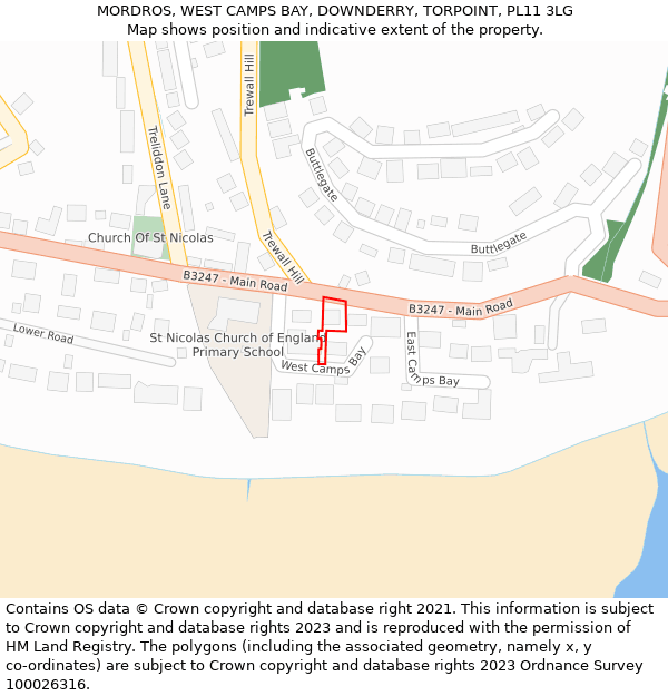 MORDROS, WEST CAMPS BAY, DOWNDERRY, TORPOINT, PL11 3LG: Location map and indicative extent of plot