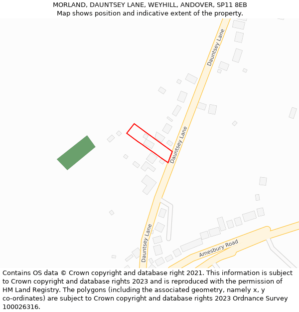 MORLAND, DAUNTSEY LANE, WEYHILL, ANDOVER, SP11 8EB: Location map and indicative extent of plot