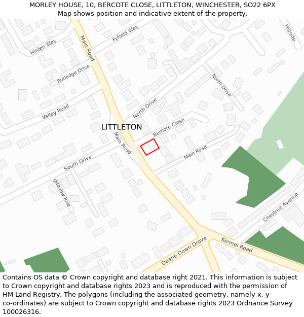 MORLEY HOUSE, 10, BERCOTE CLOSE, LITTLETON, WINCHESTER, SO22 6PX: Location map and indicative extent of plot