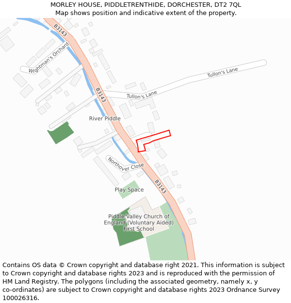 MORLEY HOUSE, PIDDLETRENTHIDE, DORCHESTER, DT2 7QL: Location map and indicative extent of plot