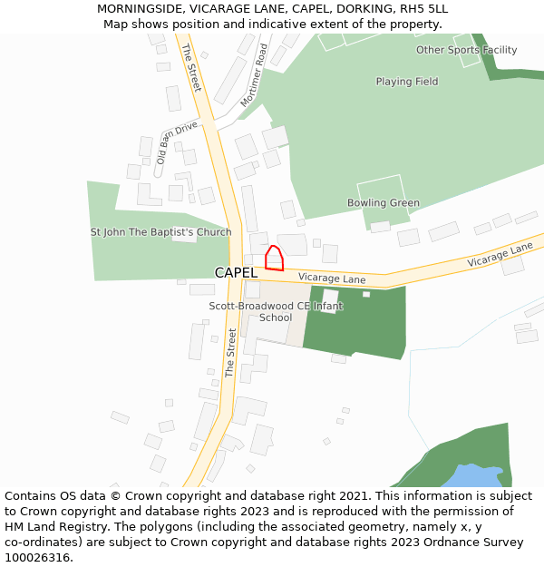 MORNINGSIDE, VICARAGE LANE, CAPEL, DORKING, RH5 5LL: Location map and indicative extent of plot