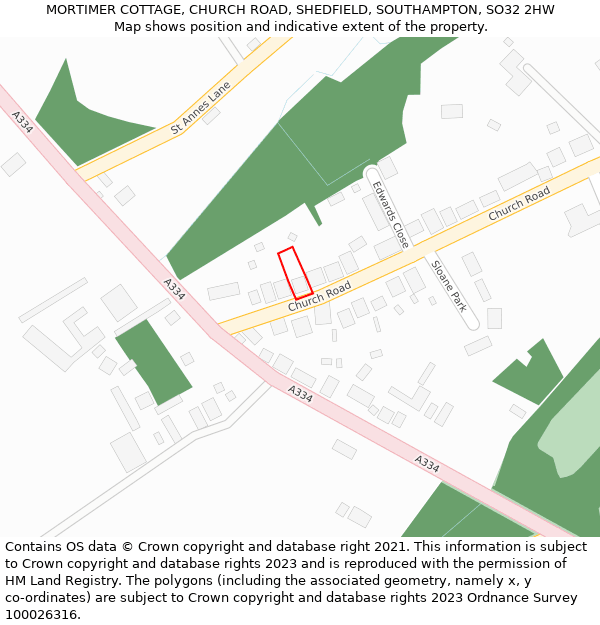 MORTIMER COTTAGE, CHURCH ROAD, SHEDFIELD, SOUTHAMPTON, SO32 2HW: Location map and indicative extent of plot