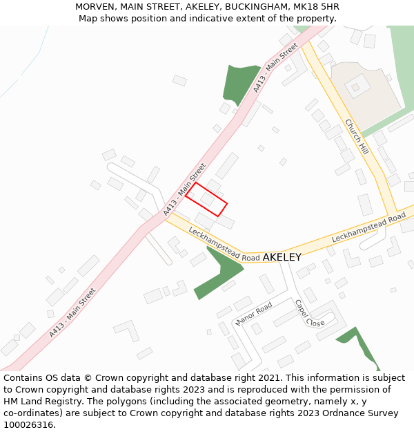 MORVEN, MAIN STREET, AKELEY, BUCKINGHAM, MK18 5HR: Location map and indicative extent of plot