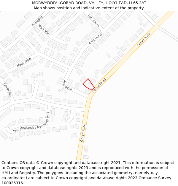 MORWYDDFA, GORAD ROAD, VALLEY, HOLYHEAD, LL65 3AT: Location map and indicative extent of plot