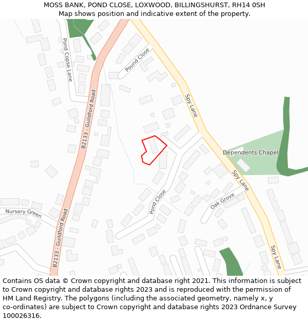 MOSS BANK, POND CLOSE, LOXWOOD, BILLINGSHURST, RH14 0SH: Location map and indicative extent of plot