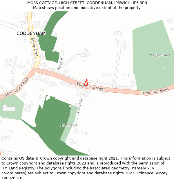 MOSS COTTAGE, HIGH STREET, CODDENHAM, IPSWICH, IP6 9PN: Location map and indicative extent of plot