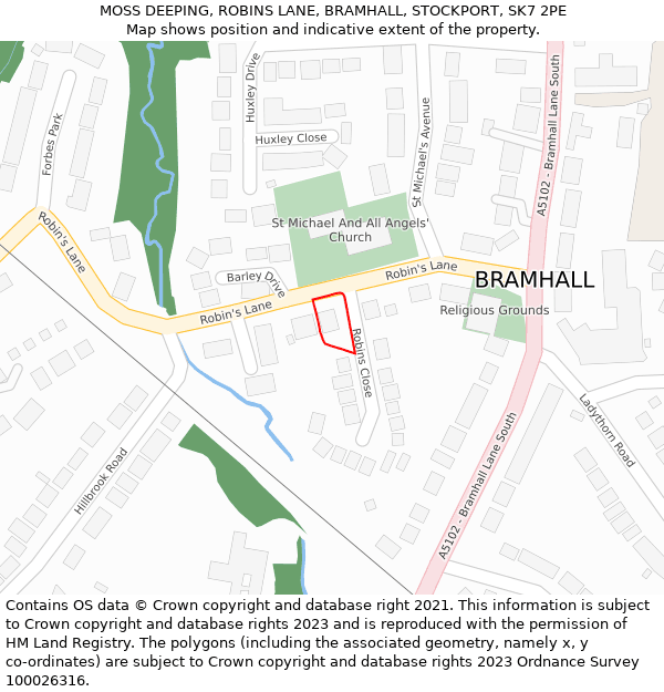 MOSS DEEPING, ROBINS LANE, BRAMHALL, STOCKPORT, SK7 2PE: Location map and indicative extent of plot