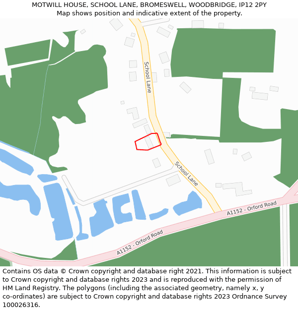 MOTWILL HOUSE, SCHOOL LANE, BROMESWELL, WOODBRIDGE, IP12 2PY: Location map and indicative extent of plot