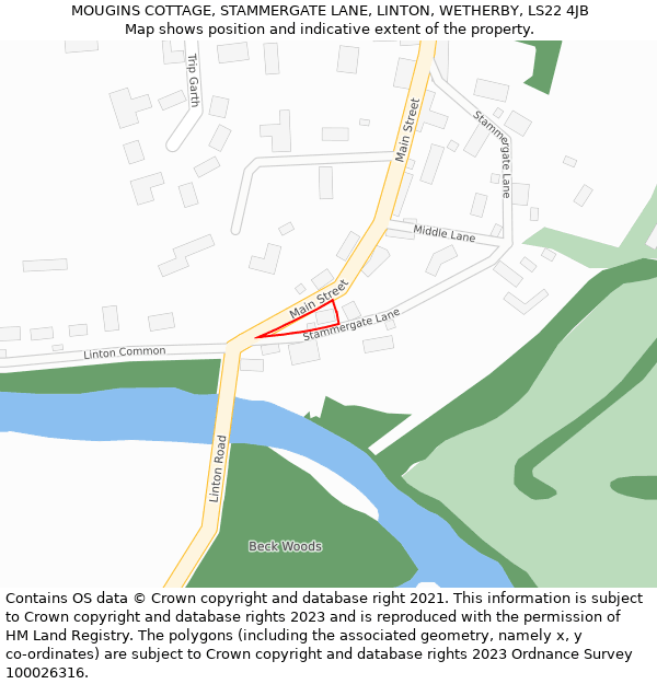 MOUGINS COTTAGE, STAMMERGATE LANE, LINTON, WETHERBY, LS22 4JB: Location map and indicative extent of plot