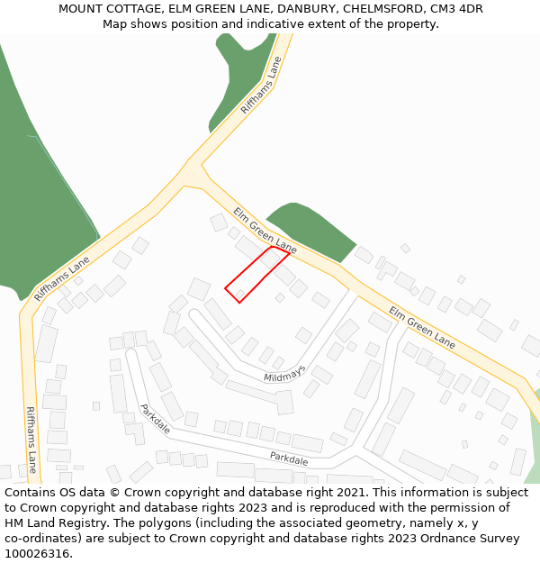 MOUNT COTTAGE, ELM GREEN LANE, DANBURY, CHELMSFORD, CM3 4DR: Location map and indicative extent of plot
