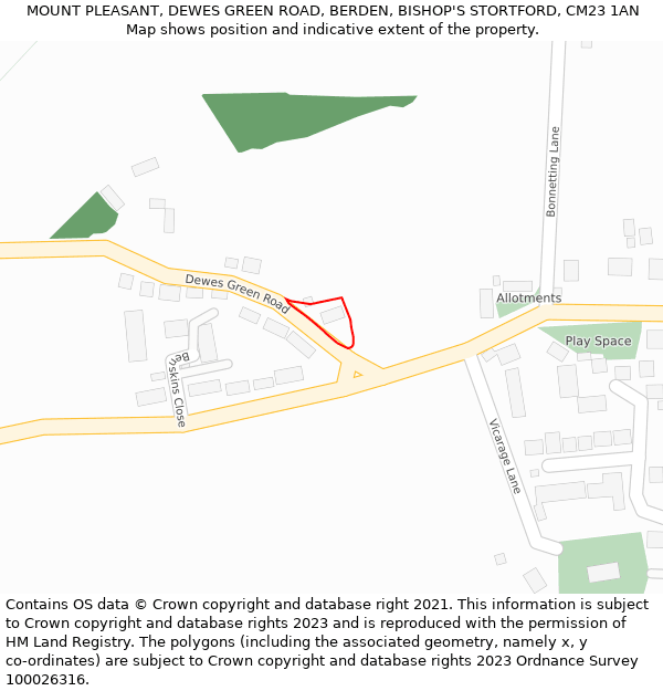 MOUNT PLEASANT, DEWES GREEN ROAD, BERDEN, BISHOP'S STORTFORD, CM23 1AN: Location map and indicative extent of plot