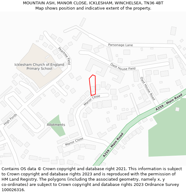 MOUNTAIN ASH, MANOR CLOSE, ICKLESHAM, WINCHELSEA, TN36 4BT: Location map and indicative extent of plot