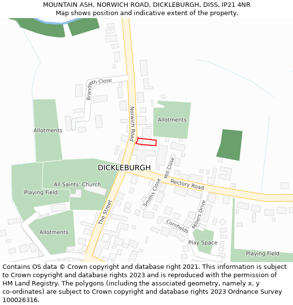 MOUNTAIN ASH, NORWICH ROAD, DICKLEBURGH, DISS, IP21 4NR: Location map and indicative extent of plot