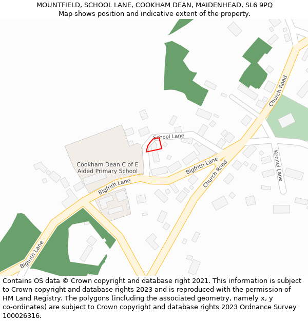 MOUNTFIELD, SCHOOL LANE, COOKHAM DEAN, MAIDENHEAD, SL6 9PQ: Location map and indicative extent of plot