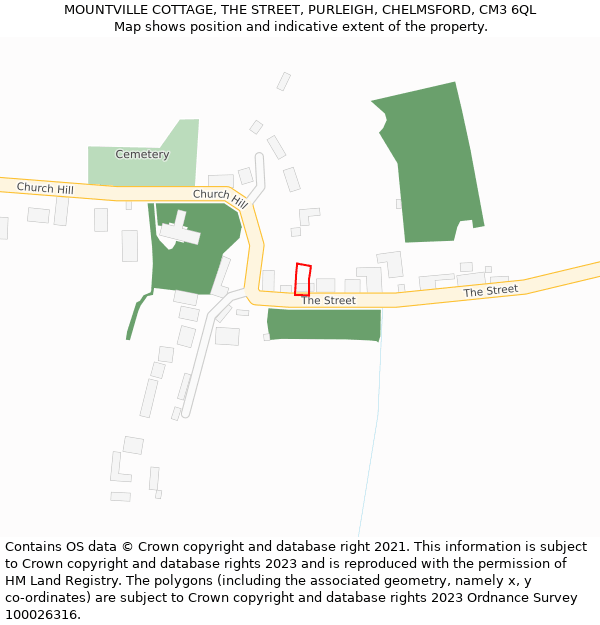 MOUNTVILLE COTTAGE, THE STREET, PURLEIGH, CHELMSFORD, CM3 6QL: Location map and indicative extent of plot