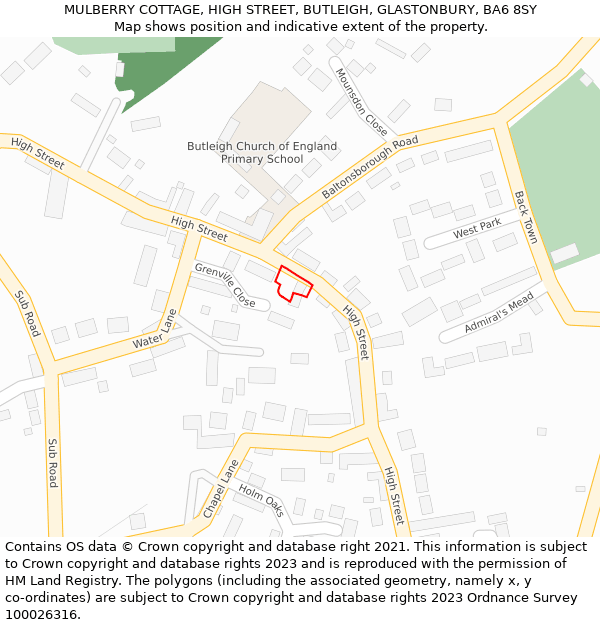 MULBERRY COTTAGE, HIGH STREET, BUTLEIGH, GLASTONBURY, BA6 8SY: Location map and indicative extent of plot