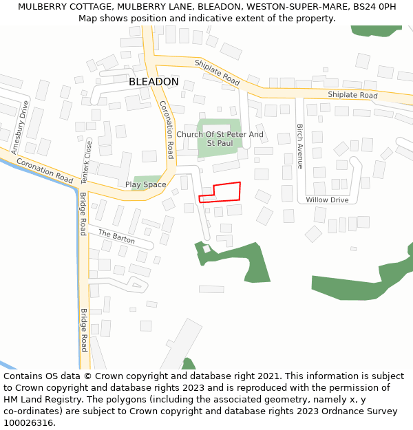 MULBERRY COTTAGE, MULBERRY LANE, BLEADON, WESTON-SUPER-MARE, BS24 0PH: Location map and indicative extent of plot