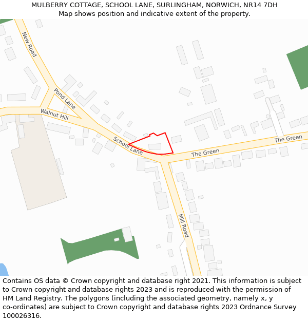 MULBERRY COTTAGE, SCHOOL LANE, SURLINGHAM, NORWICH, NR14 7DH: Location map and indicative extent of plot