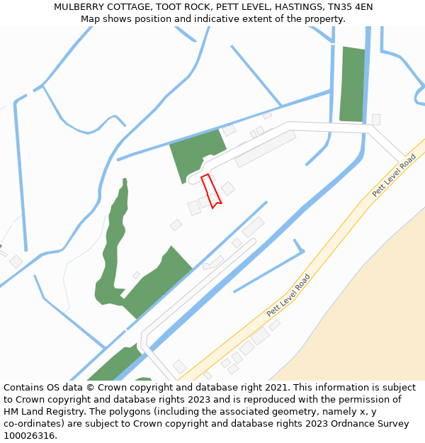 MULBERRY COTTAGE, TOOT ROCK, PETT LEVEL, HASTINGS, TN35 4EN: Location map and indicative extent of plot