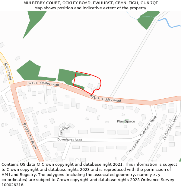 MULBERRY COURT, OCKLEY ROAD, EWHURST, CRANLEIGH, GU6 7QF: Location map and indicative extent of plot
