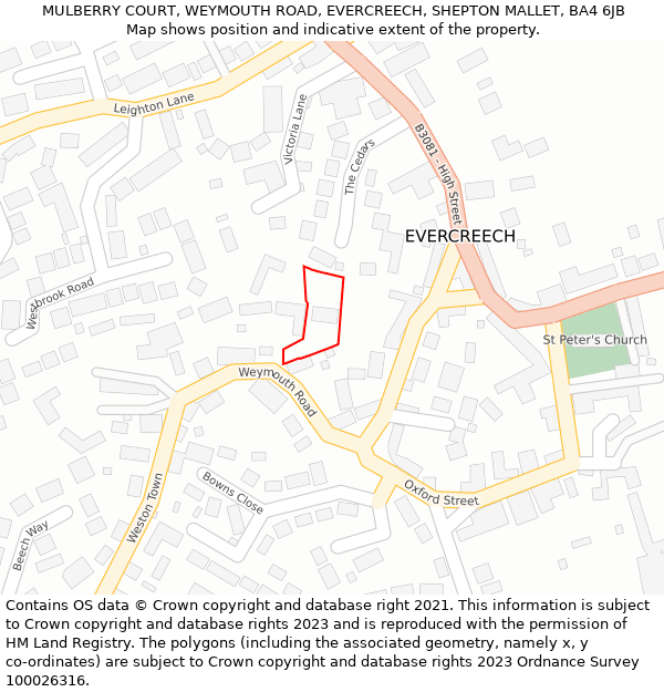 MULBERRY COURT, WEYMOUTH ROAD, EVERCREECH, SHEPTON MALLET, BA4 6JB: Location map and indicative extent of plot