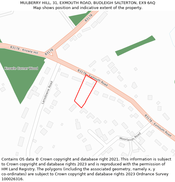 MULBERRY HILL, 31, EXMOUTH ROAD, BUDLEIGH SALTERTON, EX9 6AQ: Location map and indicative extent of plot