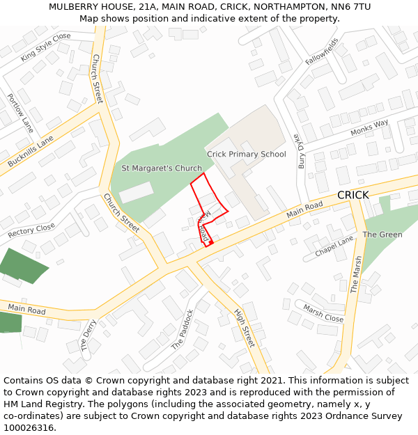 MULBERRY HOUSE, 21A, MAIN ROAD, CRICK, NORTHAMPTON, NN6 7TU: Location map and indicative extent of plot