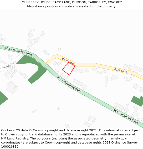 MULBERRY HOUSE, BACK LANE, DUDDON, TARPORLEY, CW6 0EY: Location map and indicative extent of plot