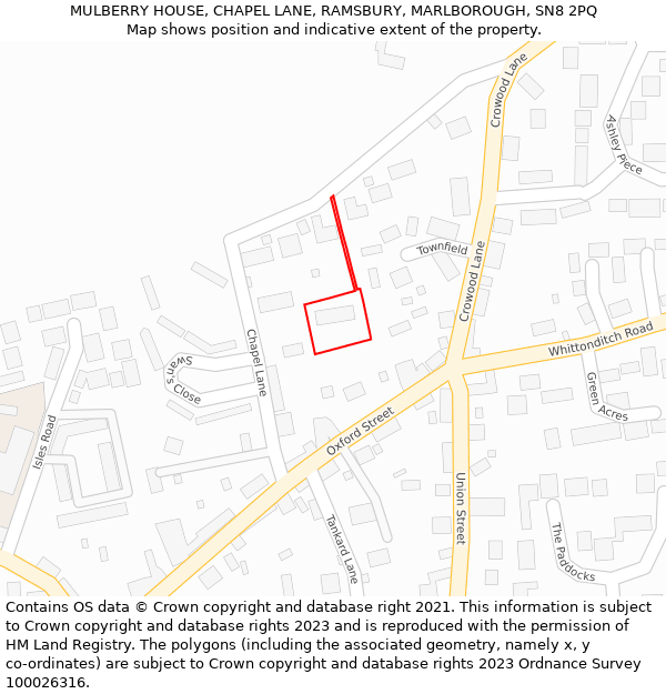 MULBERRY HOUSE, CHAPEL LANE, RAMSBURY, MARLBOROUGH, SN8 2PQ: Location map and indicative extent of plot